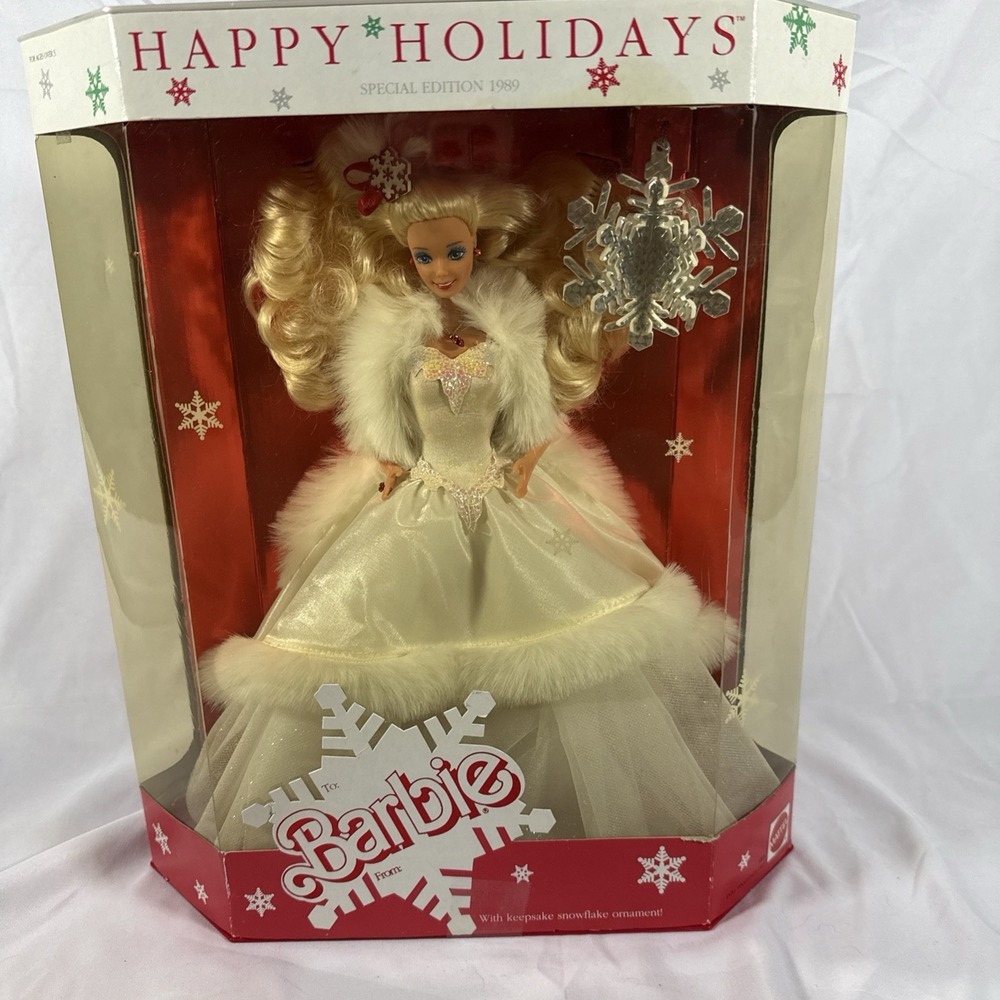 NRFB 1989 Barbie Happy Holiday Blond Doll Xmas Mattel #3523 NEW w/Ornament VTG